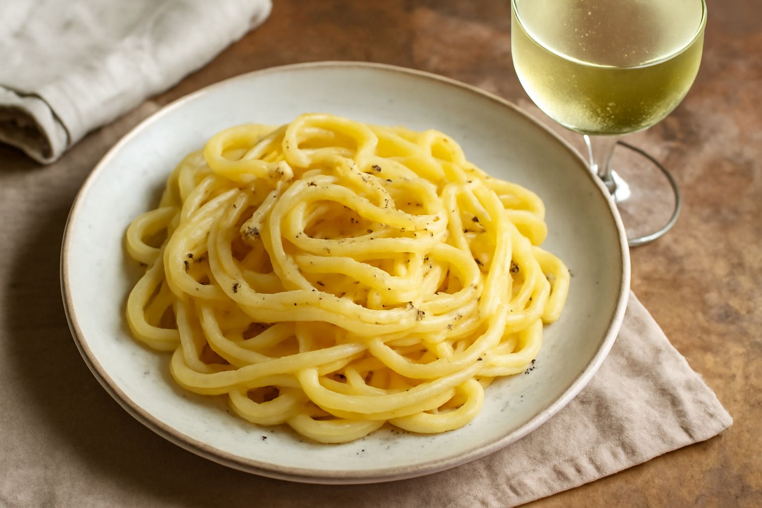 Calice di vino bianco trasparente e paglierino, leggermente freddo con gocce di condensa, servito su tavolo con piatto di branzino al forno e limone fresco