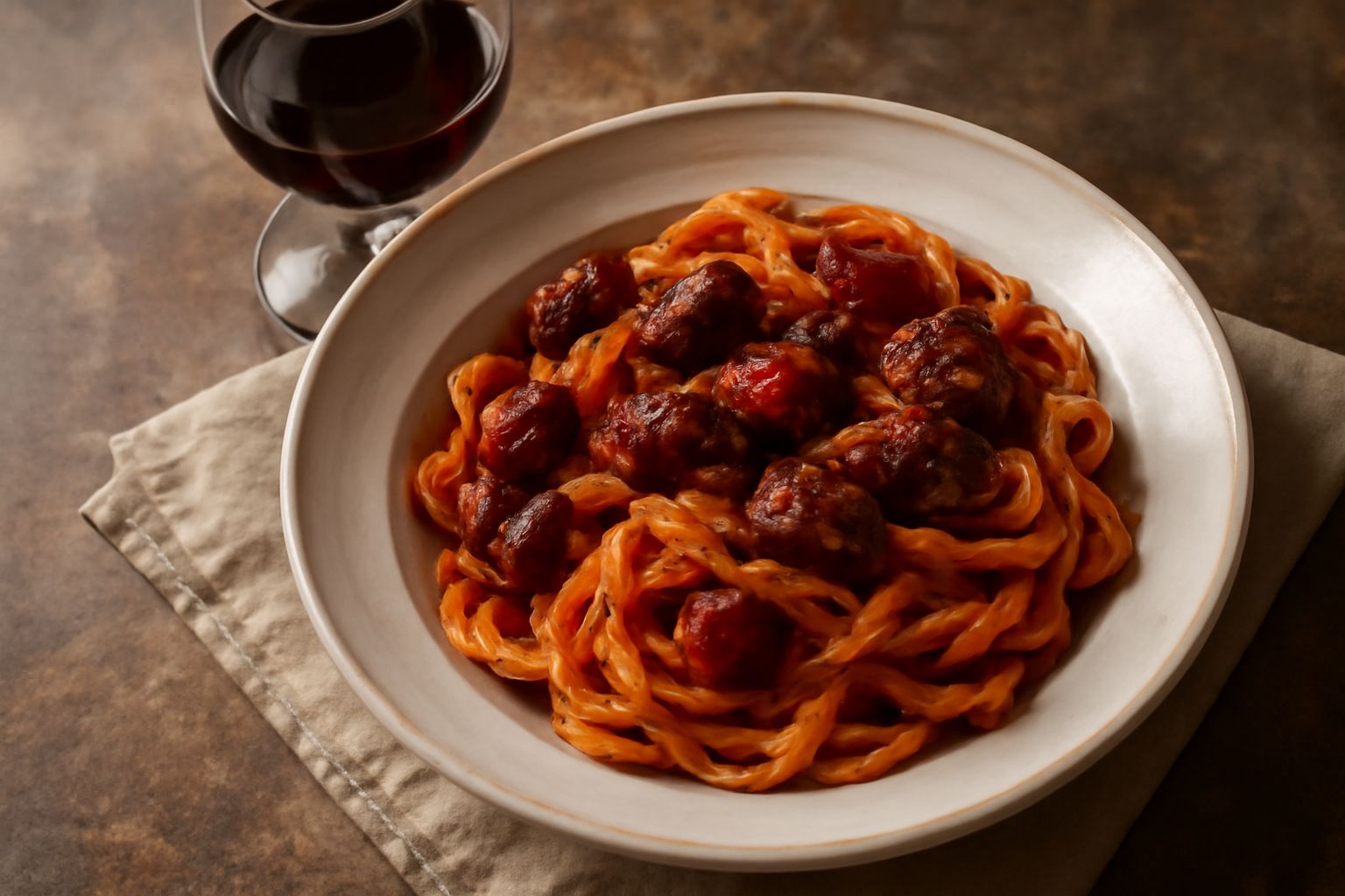 Bicchiere di vino rosso rubino scuro con riflessi granata, servito su tavolo in legno accanto a una bottiglia di vino rosso etichettata, con sfondo di campi di vigneti verdi sotto cielo azzurro