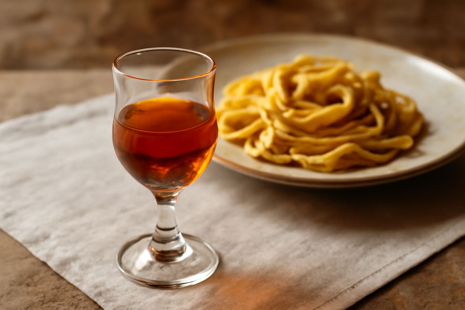 Bicchiere di vino ambrato con sfumature arancioni, fettine di arancia amara sul bordo, bottiglia di vetro scuro con il liquore sullo sfondo, luce calda naturale