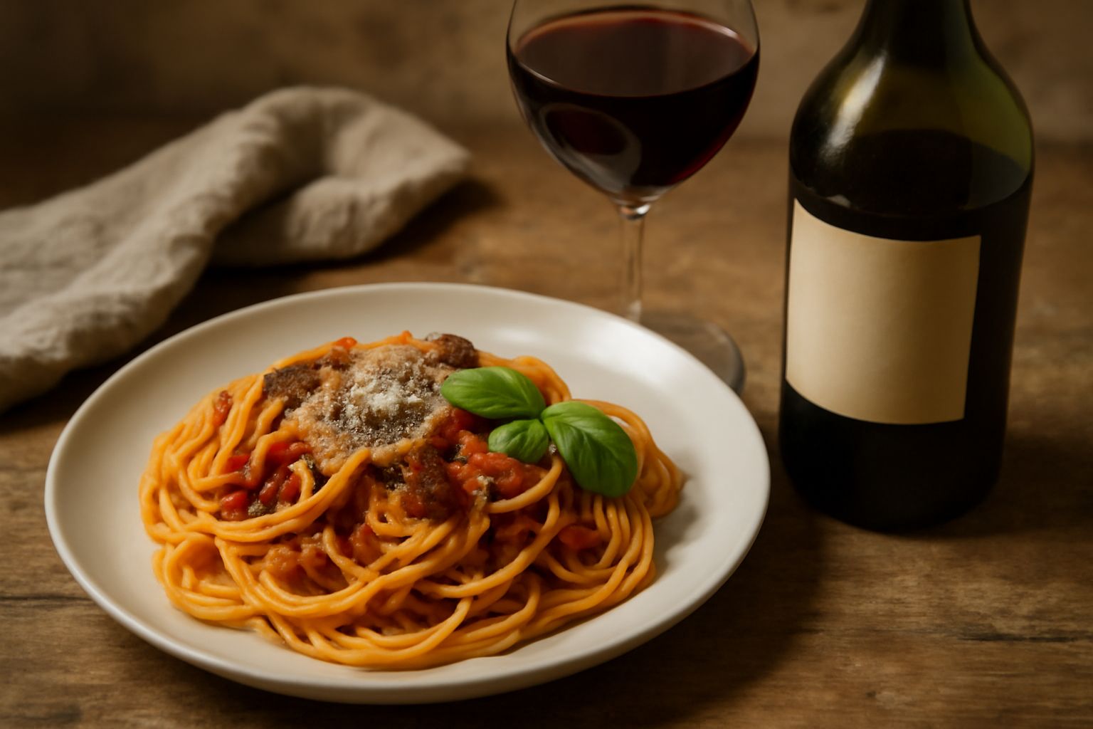 Bicchiere di vino rosso scuro Aglianico con riflessi granato, accanto a una bottiglia di vino di Basilicata e tavolo di legno scuro con pane toscano e salumi locali