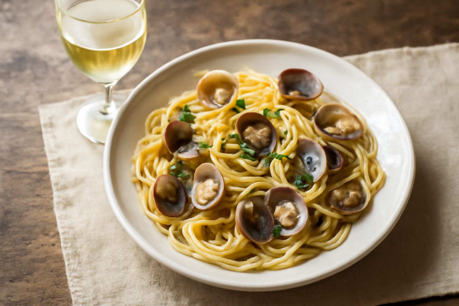 Bicchiere di vino bianco trasparente con riflessi giallognoli, in una bottiglia di vetro scuro accanto, su un tavolo di legno con grappoli di uva bianca fresca