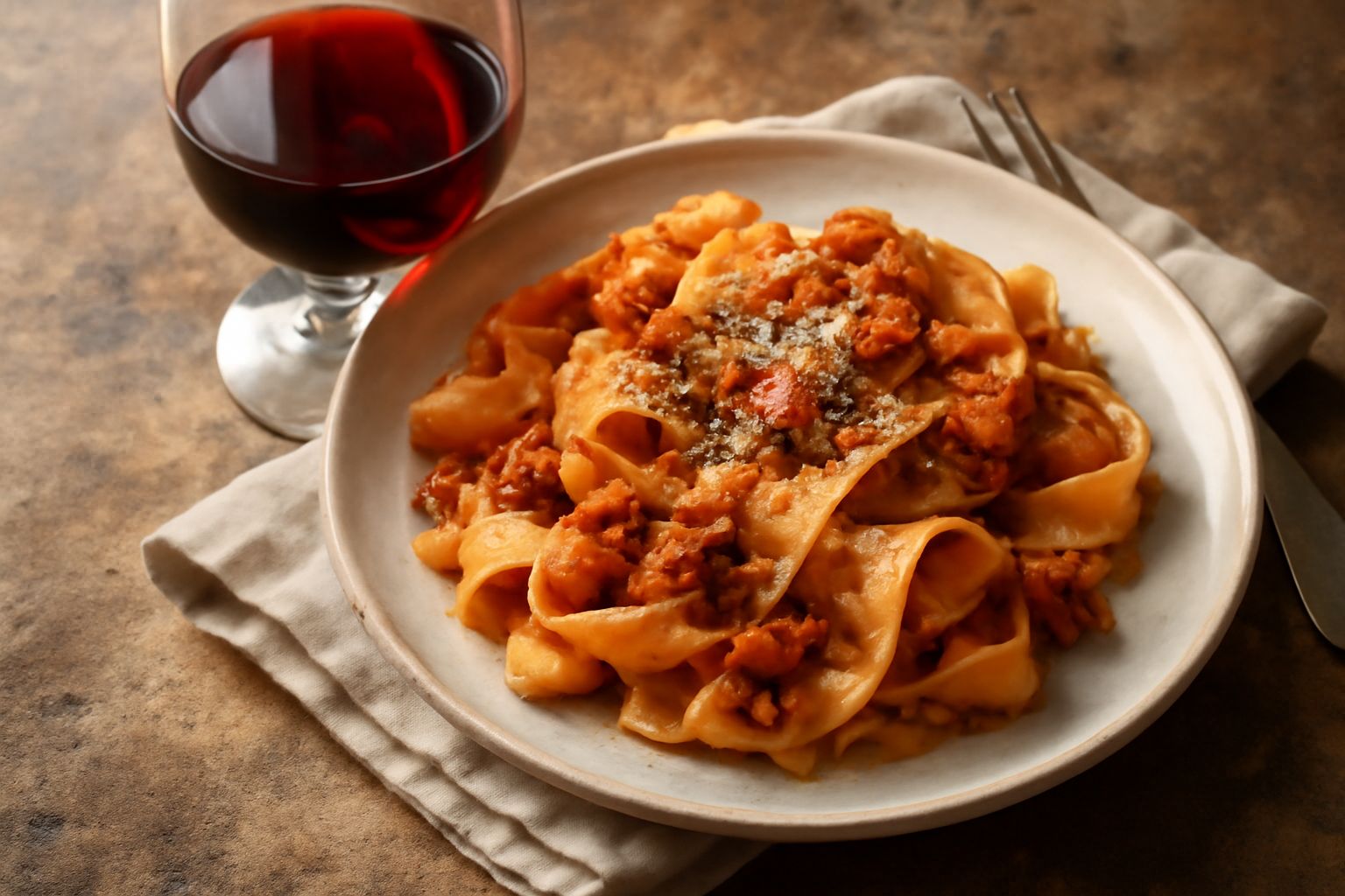 Bicchiere di vino rosso tinto riempito a metà, calice trasparente su tavolo di legno scuro con uva nera sfocata sullo sfondo e bottiglie di vino in penombra