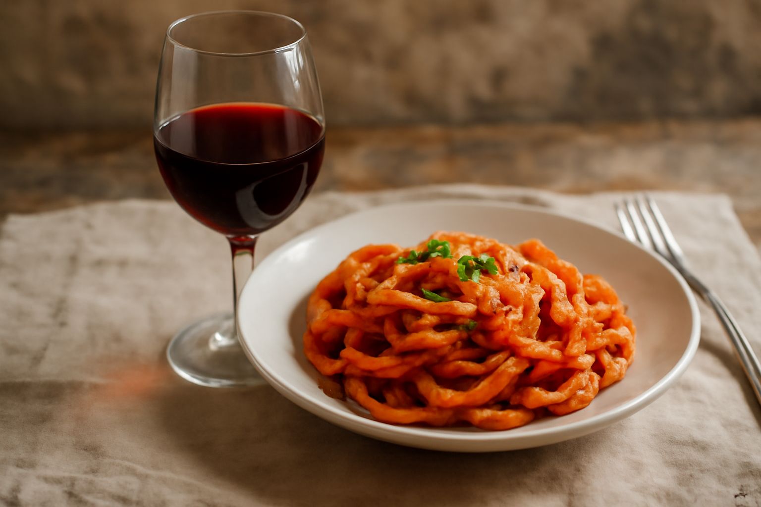 Bicchiere di vino rosso rubino trasparente con riflessi granato, posato su tavolo di legno chiaro accanto a grappolo di uva nera, con bottiglia di Vino di Cirò sullo sfondo sfocato