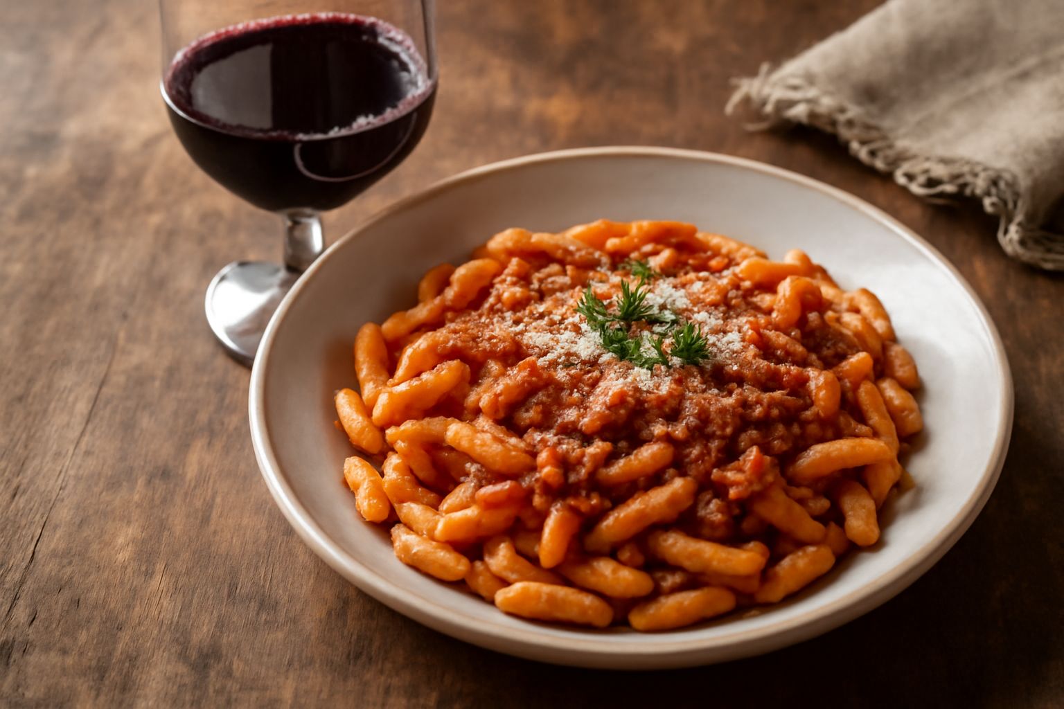 Bicchiere di vino rosso Donnici dal colore rubino intenso, appena versato, con sfondo di piatti di formaggio e salumi calabresi su tavolo in pietra naturale