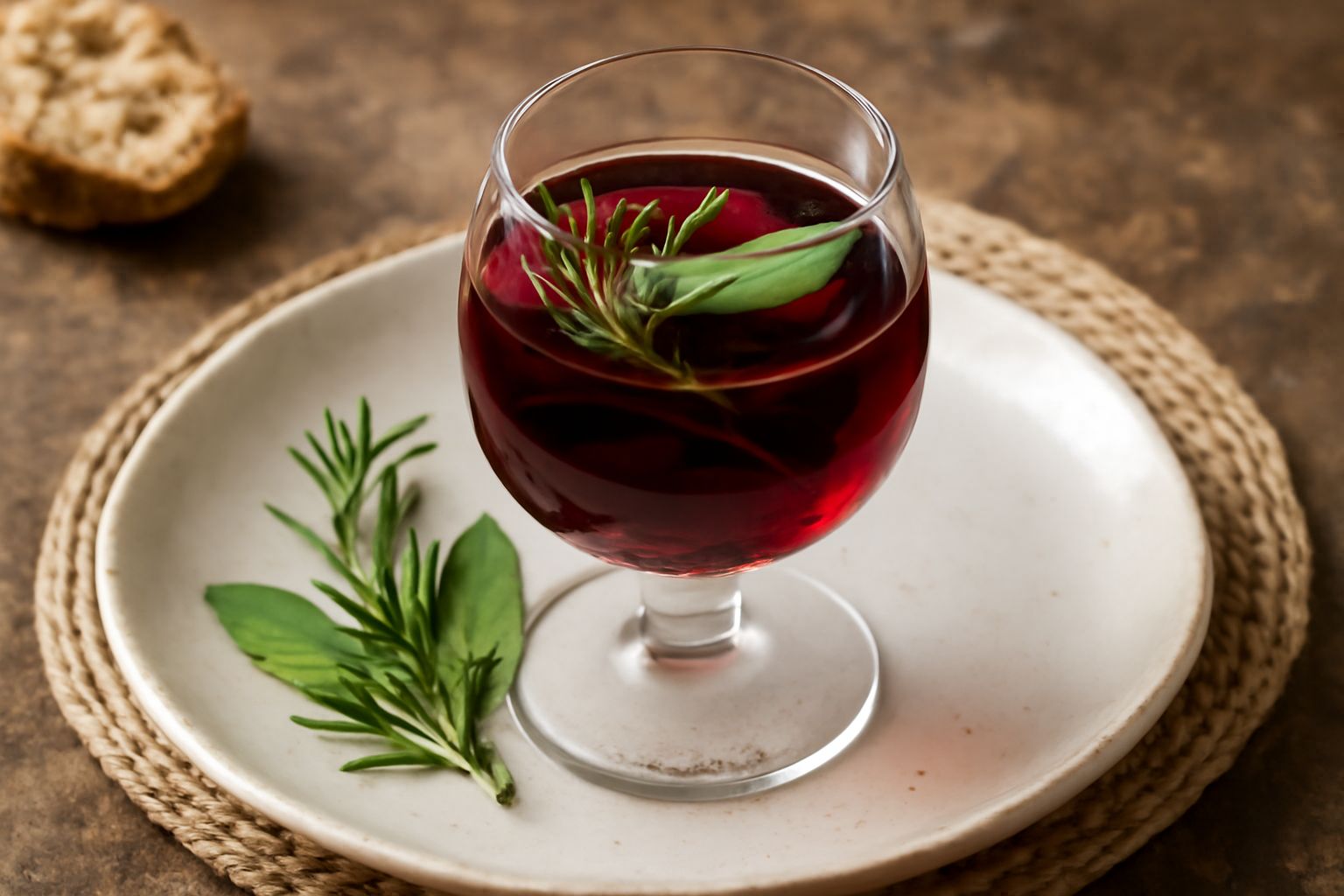 Vino di erbe di colore rosso scuro in bicchiere trasparente, con rami di rosmarino e salvia freschi visibili sul fondo, servito su tavolo di legno