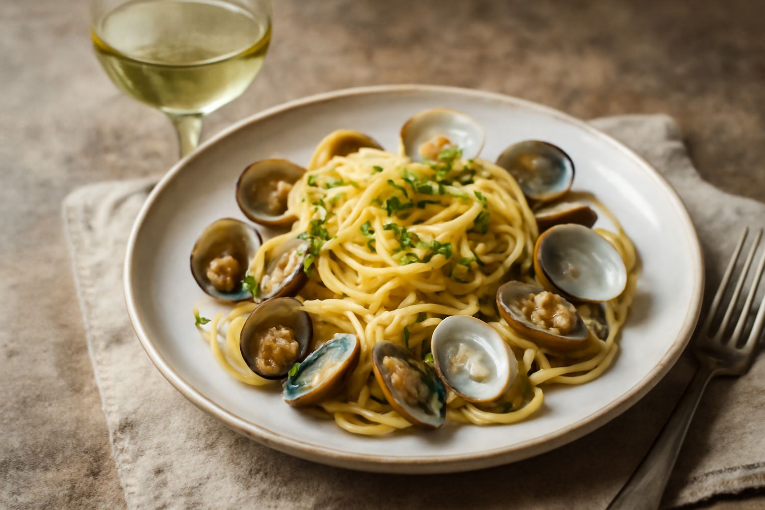 Calice di vino bianco giallo paglierino con riflessi verdognoli, colmo fino all'orlo, appoggiato su tavolo di legno scuro accanto a grappolo d'uva verde e pane tostato