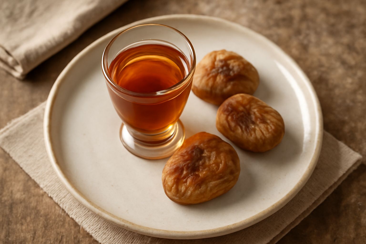 Bicchiere di vino di fichi color ambrato con riflessi dorati, liquore trasparente a mezza luce, accompagnato da fichi freschi blu e secchi su un tavolo in legno