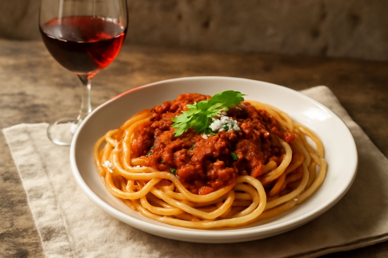 Bicchiere di vino rosso foggiano con riflessi rubino su tavolo di legno rustico, piatto con orecchiette e ragù di carne sullo sfondo sfocato, lampada di terracotta antica