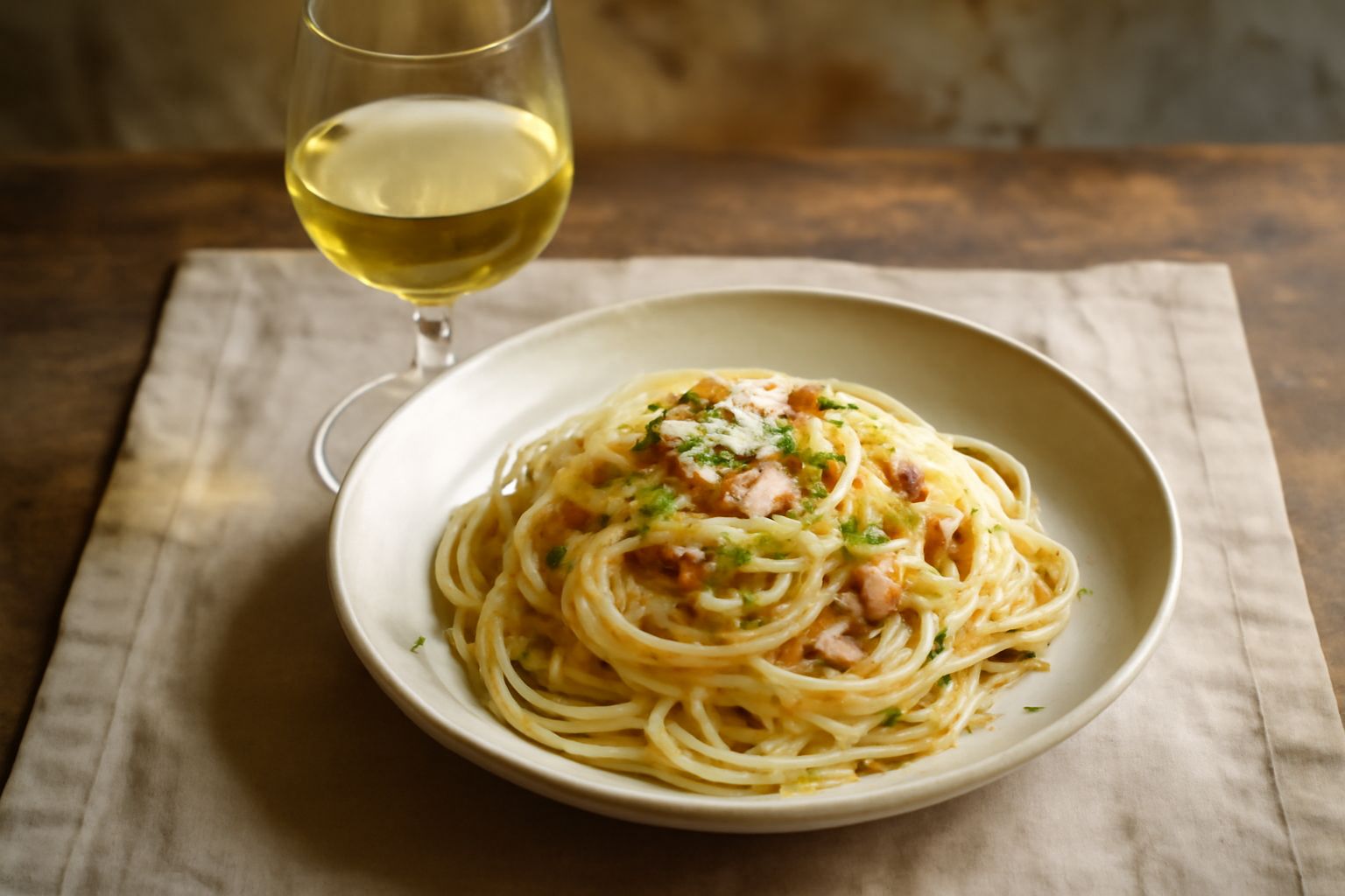 Calice di vino bianco trasparente dal colore giallo paglierino, servito freddo su tavolo in legno con uva bianca e pane toscano accanto