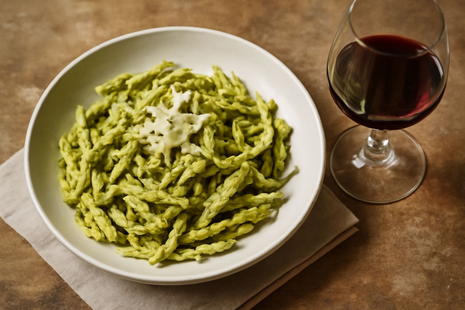 Bottiglia di vino rosso rubino scuro con etichetta beige, affiancata da un bicchiere di vino pieno, grappoli d'uva nera e una botte di legno scuro sullo sfondo