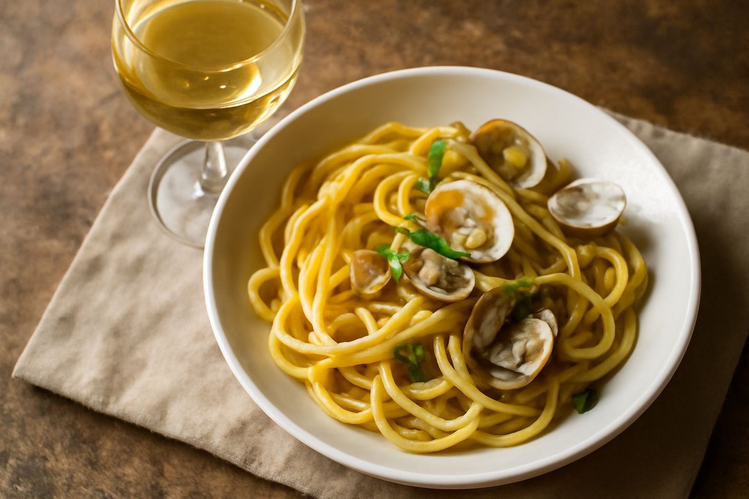 Bicchiere di vino bianco di Greco dal colore paglierino con riflessi dorati, in controluce davanti a una finestra, accanto a un piatto di formaggi freschi bianchi e uva bianca
