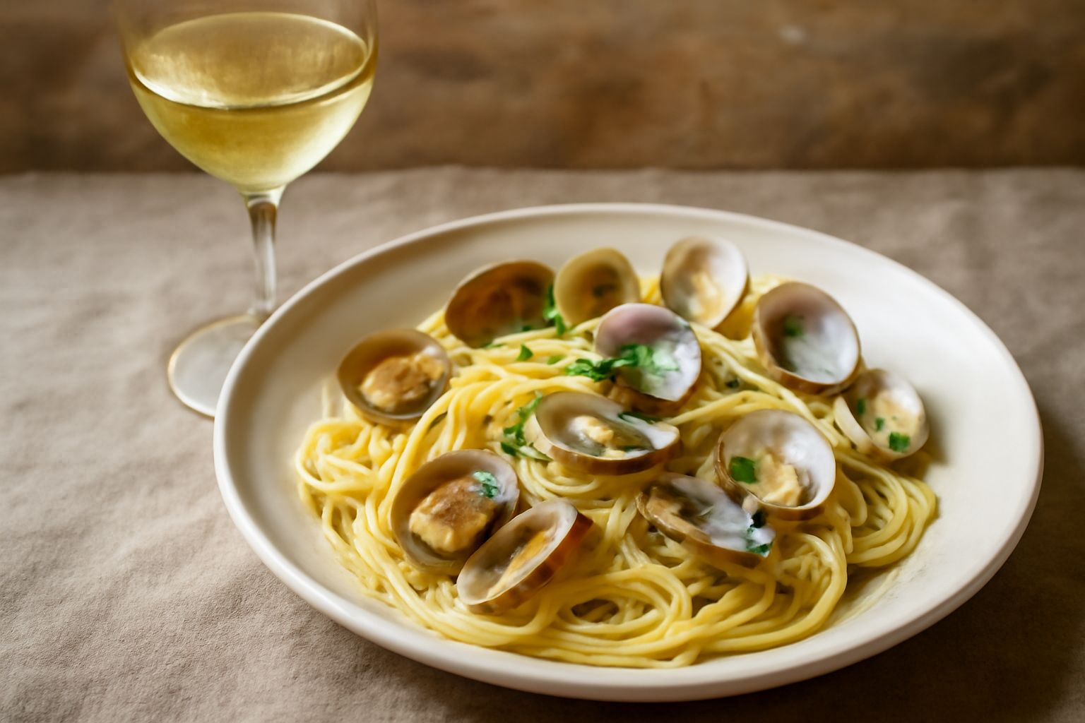 Calice trasparente con vino bianco giallo paglierino, contro luce, con gocce di condensa sul vetro e bottiglia di Greco di Tufo sullo sfondo sfocato