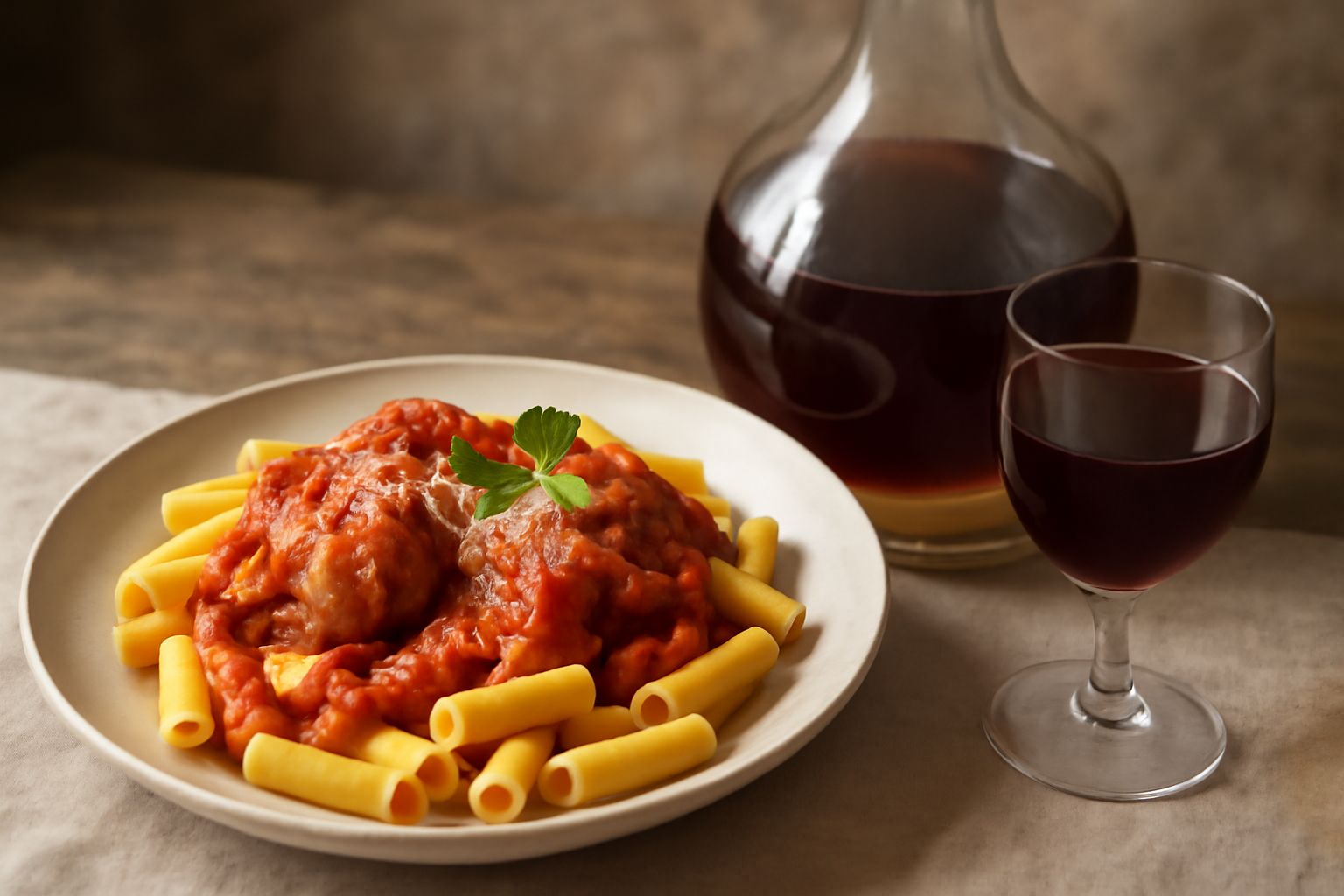 Damigiana di vetro trasparente con mosto in fermentazione di colore rosso scuro, con airlock sulla bocca, su tavolo di legno accanto a grappoli d'uva fresca e attrezzi di vinificazione