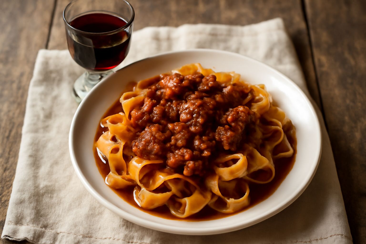 Bicchiere di cristallo contenente liquore rosso scuro e denso, con riflessi ambrati, circondato da cannella e bacche di ginepro su fondo di legno invecchiato