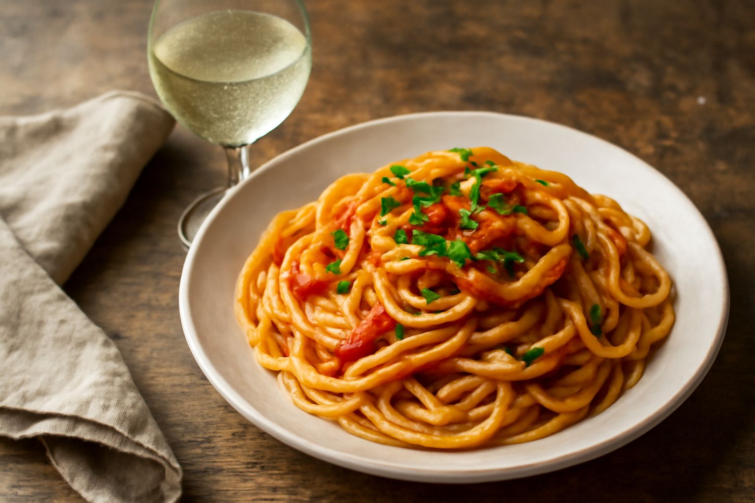 Vino bianco paglierino trasparente in calice di vetro con gambo sottile, retroilluminato, accanto a grappolo d'uva bianca su tavolo di legno naturale