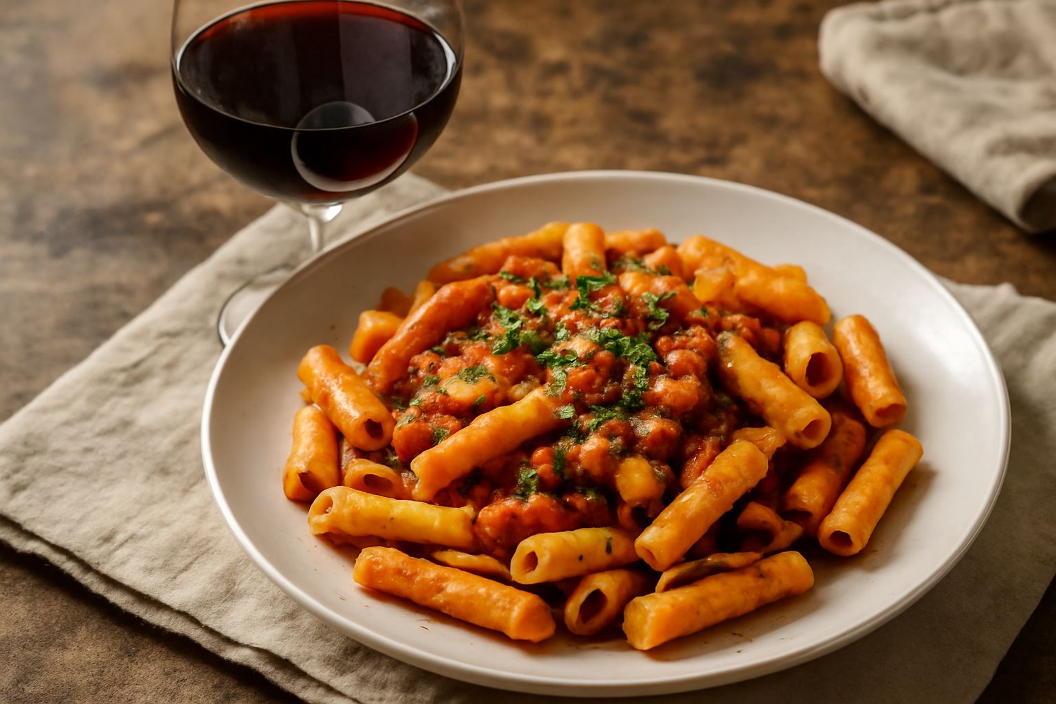 Bicchiere di vino rosso Melfi su tavolo di legno scuro con sfondo di bottiglie e paesaggio di vigneti della Basilicata al tramonto