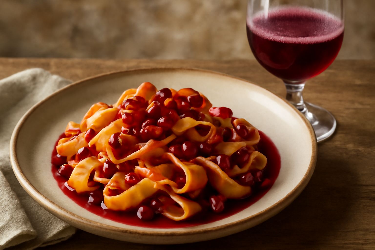 Bottiglia trasparente di vetro con vino di melograno dal colore rosso rubino intenso, tappo di sughero, circondata da melograni interi rossi e semi sparsi su un tavolo di legno chiaro