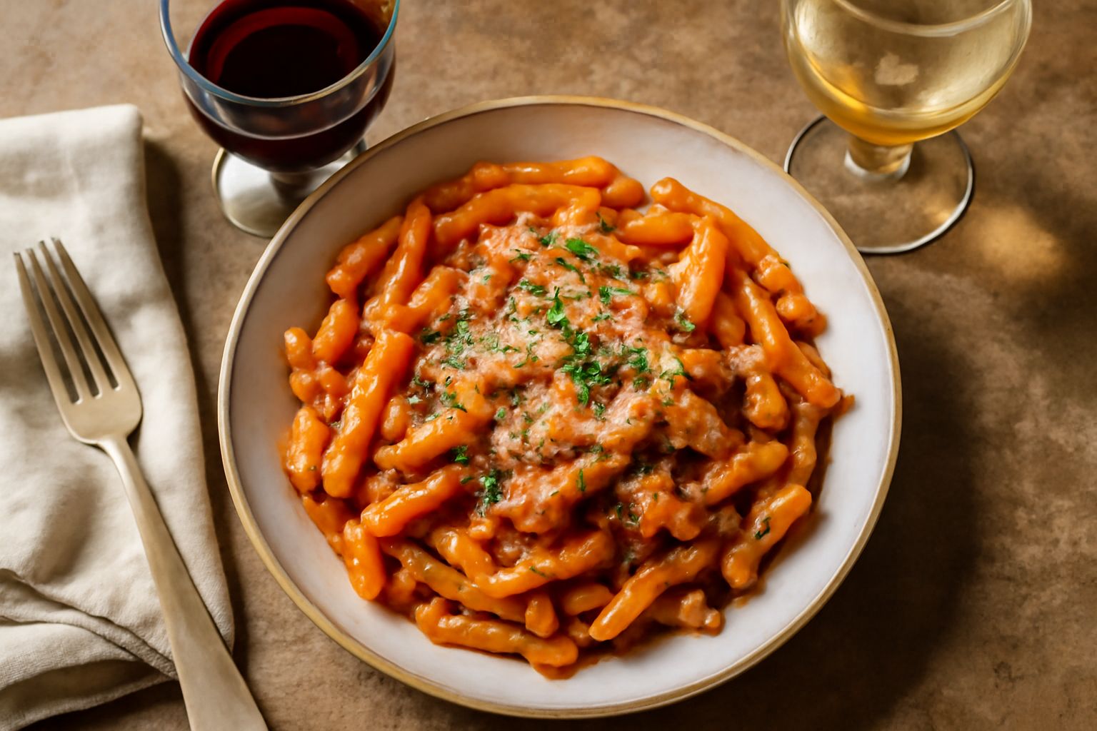 Bicchiere di vino bianco e rosso di Messina accanto a ingredienti freschi, pomodori, aglio, pesce fresco e erbe aromatiche su un tavolo di legno