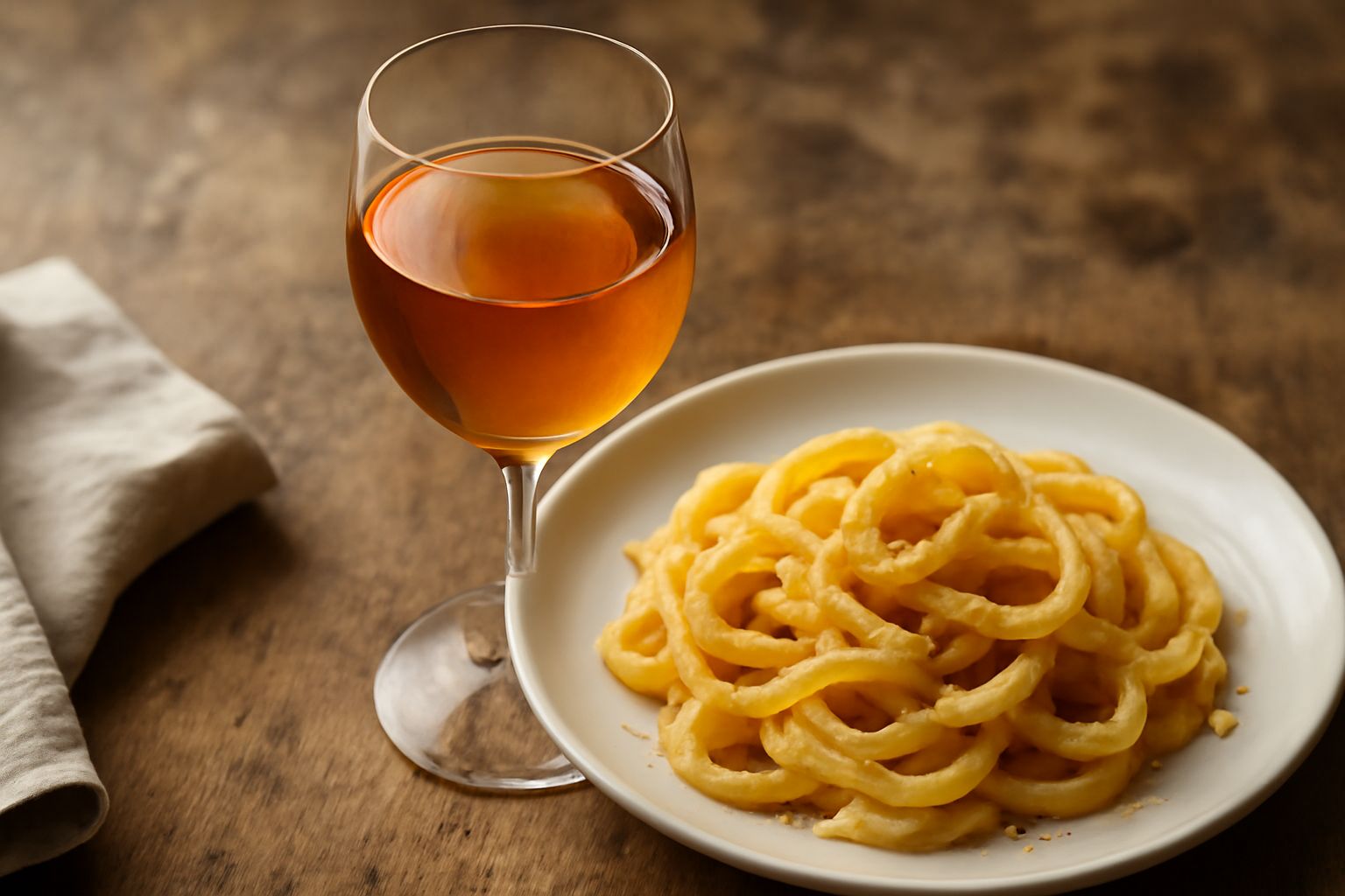 Bottiglia di vetro trasparente contenente vino di miele di colore ambra chiaro, con sedimenti leggeri sul fondo, tappo di sughero, circondata da favi di cera e fiori bianchi su sfondo neutro
