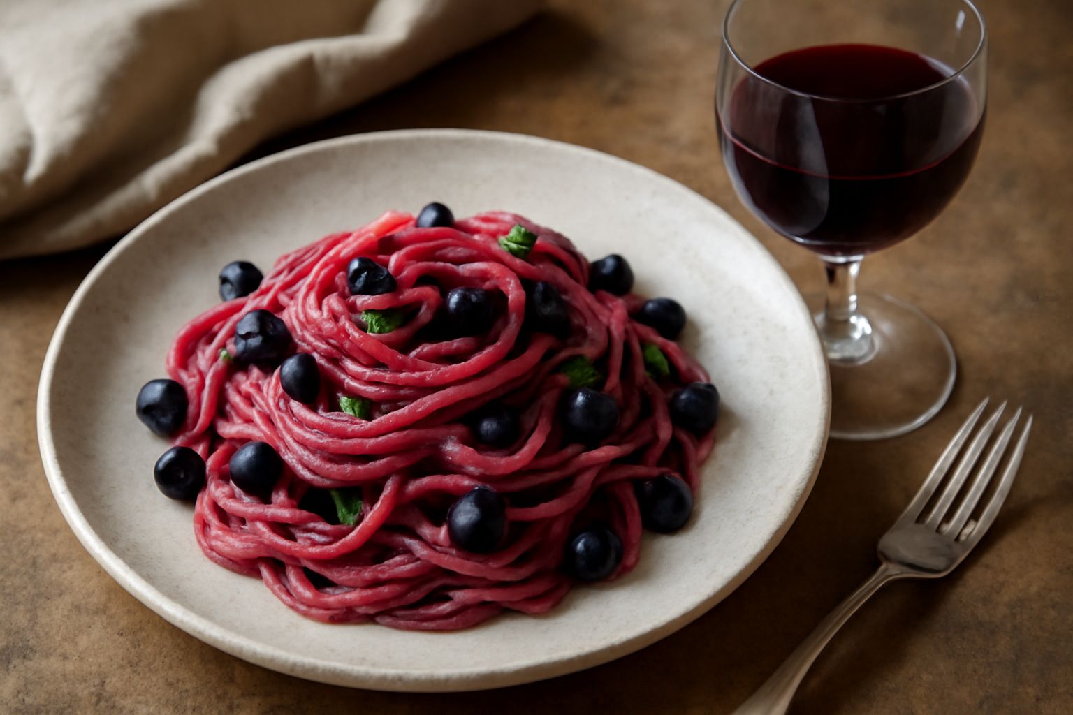 Bicchiere di cristallo con vino color rosso rubino trasparente, mirtilli freschi blu scuro disposti accanto, in luce naturale diffusa