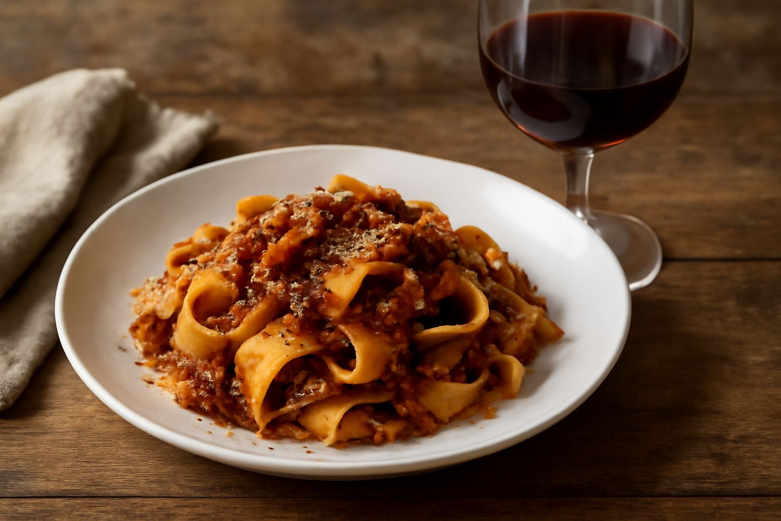 Calice di vino rosso scuro Montepulciano su tavolo di legno scuro, con bottiglia sullo sfondo, accanto a formaggi e salumi toscani