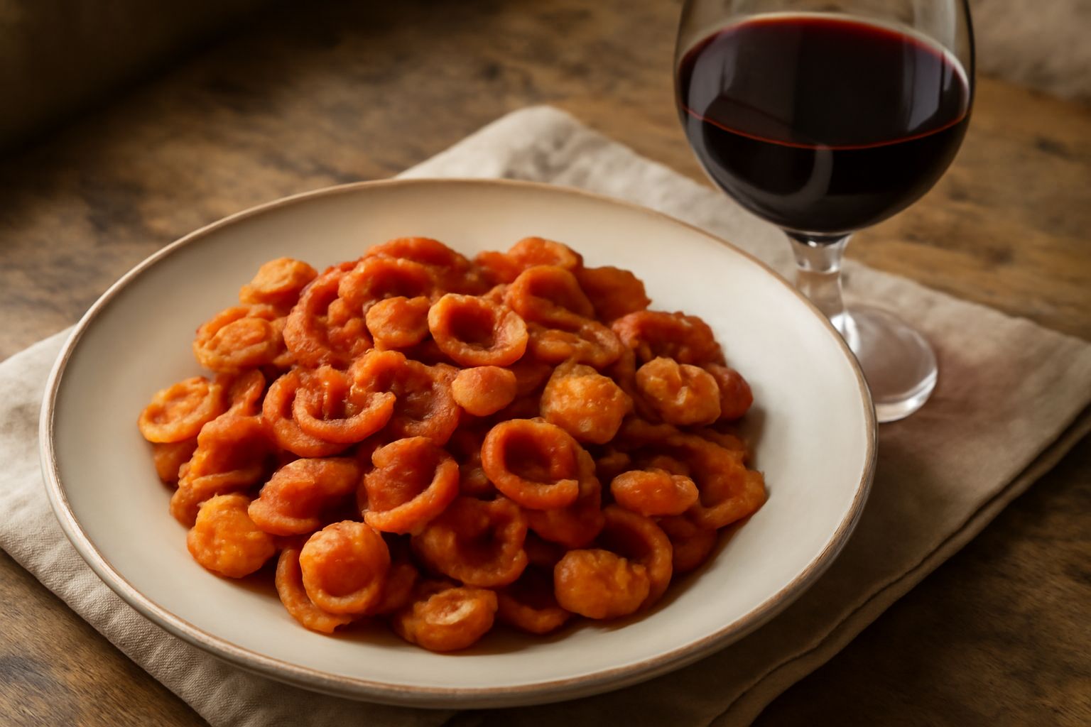 Bicchiere di vino Nepente di Oliena con colore rosso rubino intenso, tracce di tannini sulle pareti del calice, servito su tavolo in pietra con bottiglia di vino rosso sullo sfondo