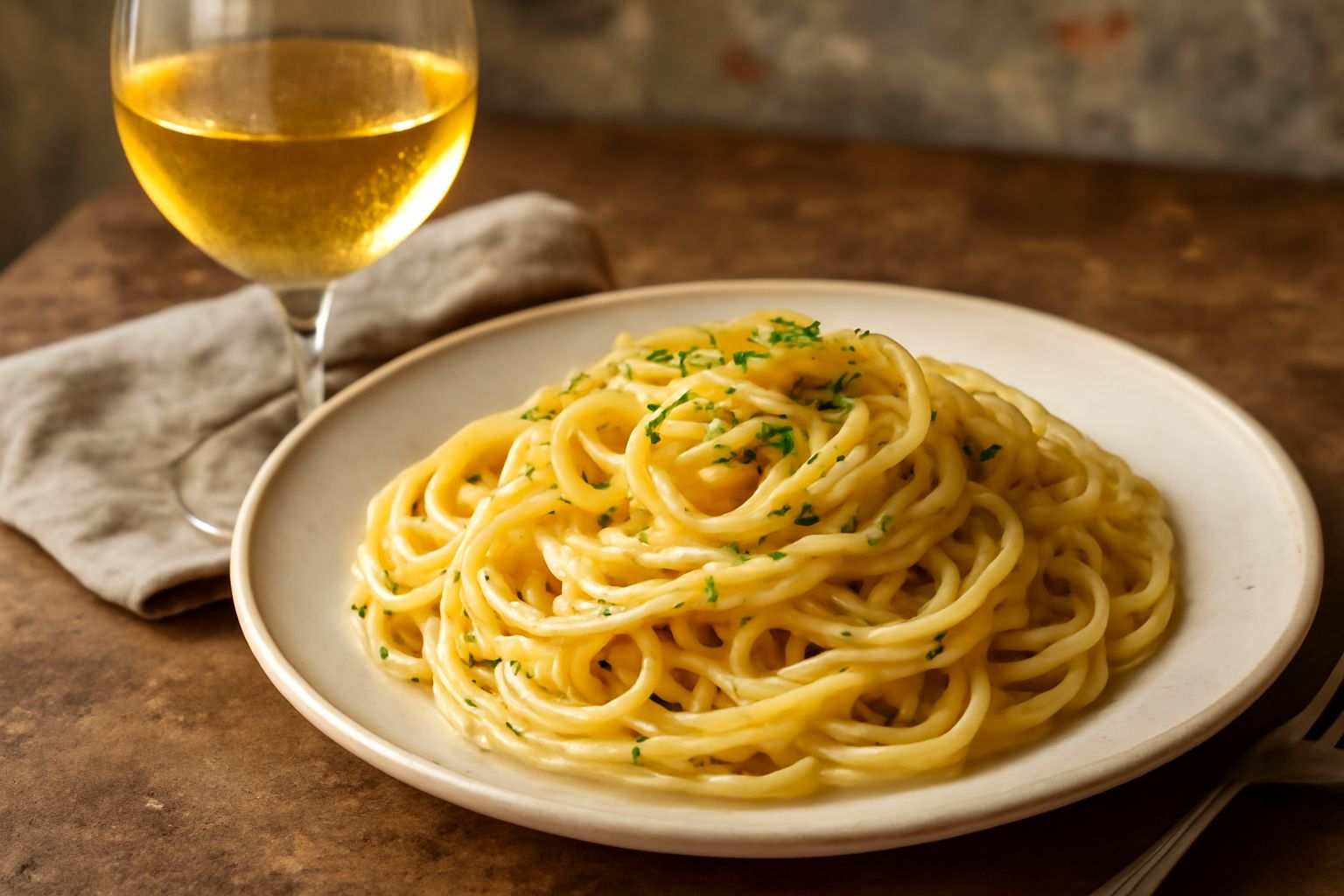 Bicchiere di vino bianco paglierino trasparente con riflessi dorati, servito su tavolo in legno chiaro con piatto di pesce azzurro e limone fresco sullo sfondo