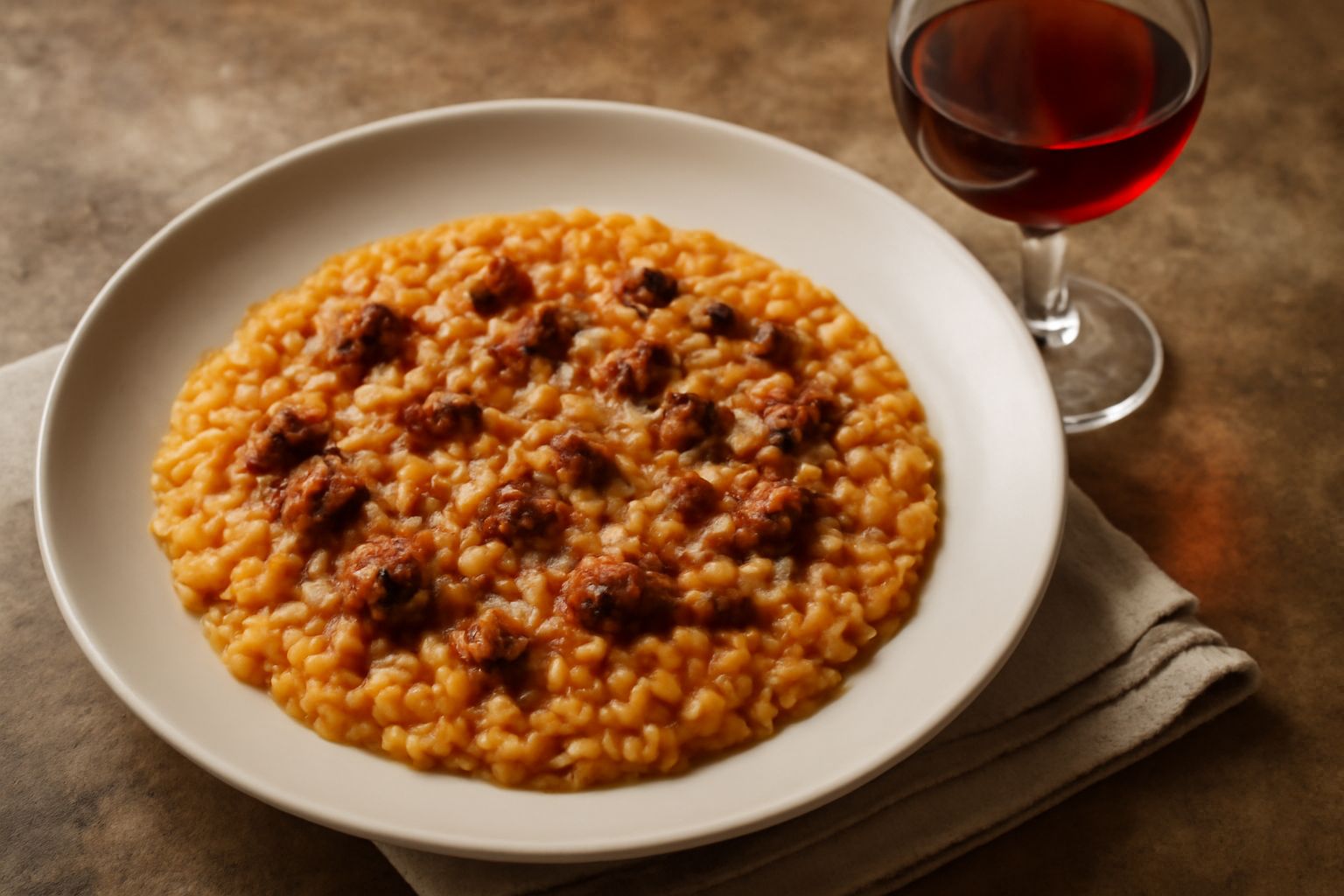 Bicchiere di vino rosso campano su tavolo di legno, accanto a bottiglie di vino bianco e rosso con etichette tipiche salernitane, pane toscano e aglio