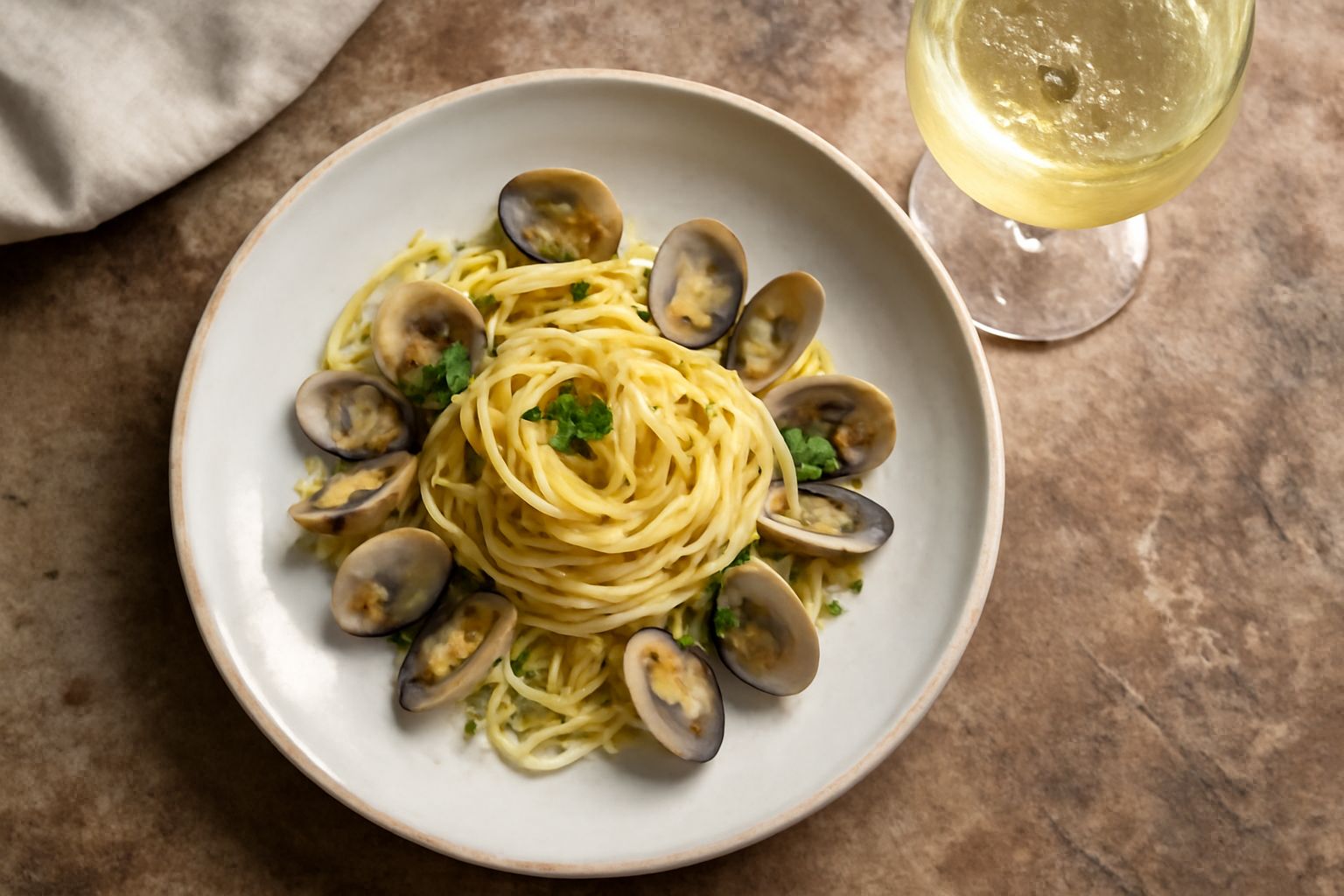 Calice di vino bianco trasparente e dorato, con bollicine fini, accanto a una bottiglia di vetro verde, tavolo in legno chiaro con limone fresco e pane tostato