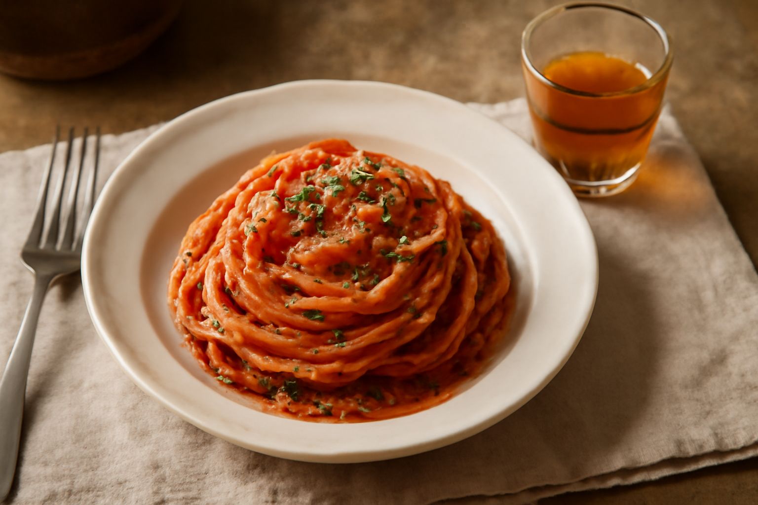 Bicchiere di vino color ambrato con infuso di grani di grano saraceno sul fondo, bacchetta di cannella, anice stellato e bottiglia di vetro scuro con liquido ambrato sullo sfondo sfocato
