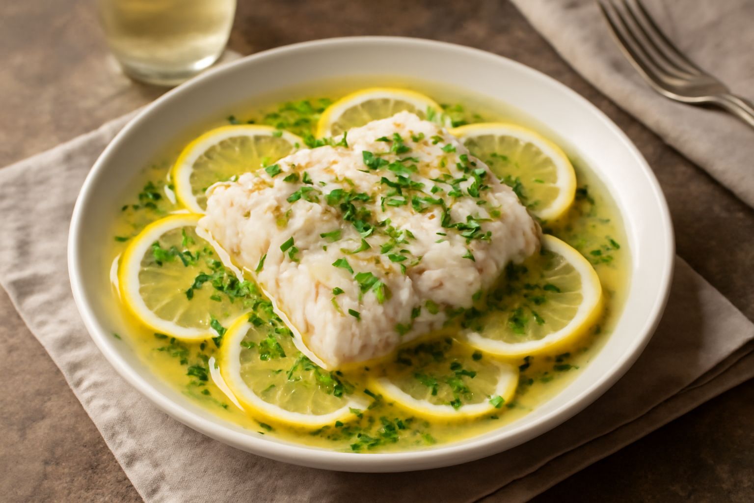 Filetti di pesce bianco marinati in vino bianco pale in una ciotola di ceramica bianca, con fette di limone giallo, prezzemolo verde fresco e olio d'oliva che brilla in superficie