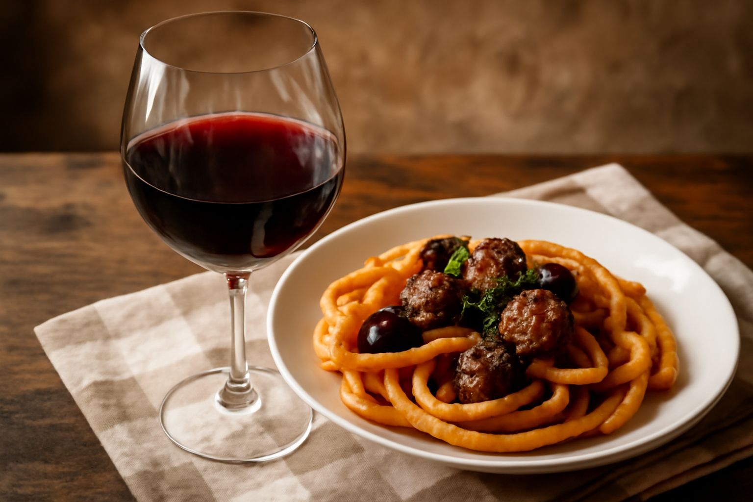 Calice di vino rosso rubino scuro con riflessi granato, versato da una bottiglia, su sfondo di vigne in collina con terreno vulcanico grigio e cielo nuvoloso
