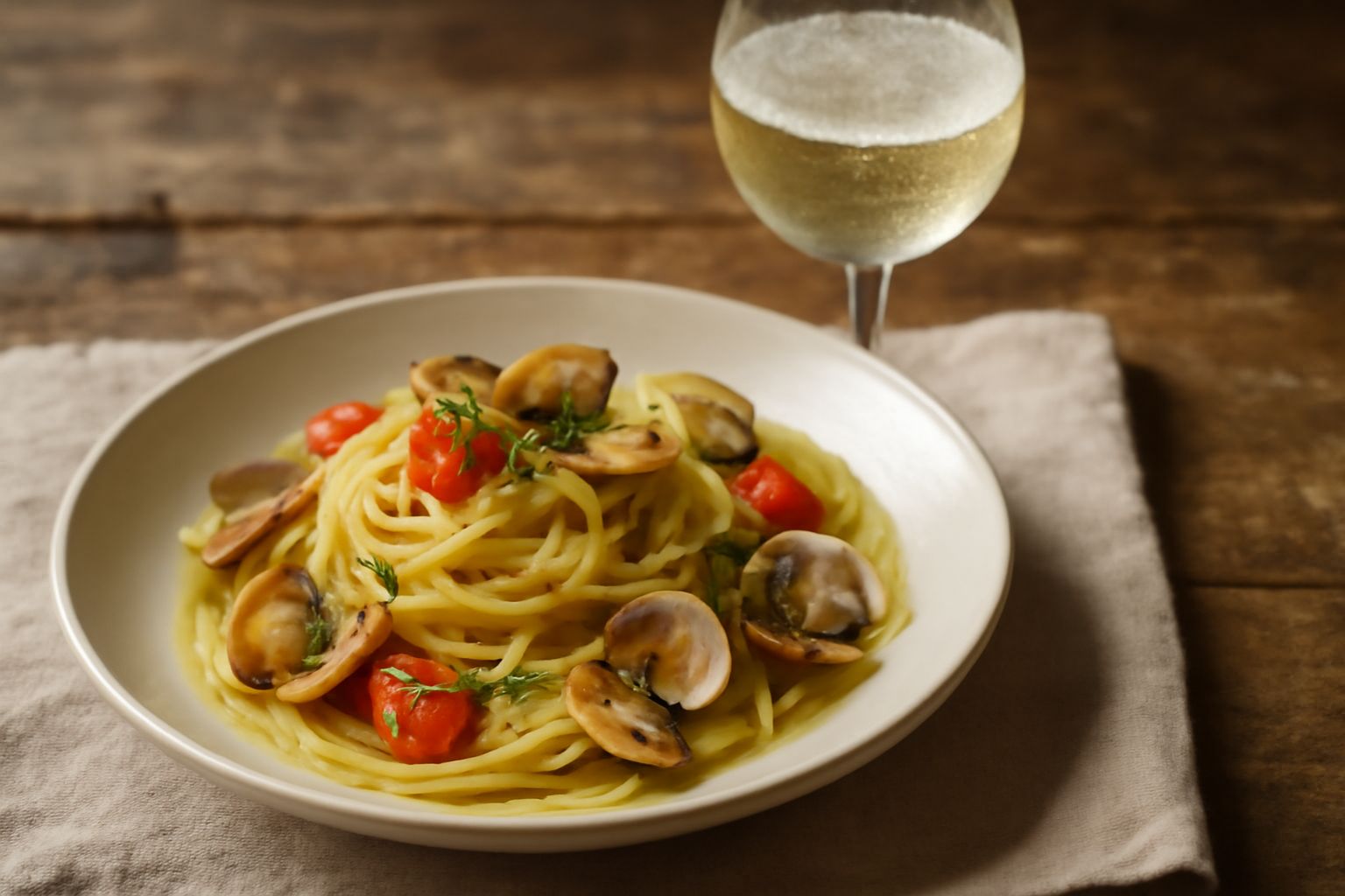 Bicchiere di vino bianco di Tramonti, trasparente con riflessi giallo paglierino, in primo piano su tavolo di legno con piatto di pesce fresco e limone sullo sfondo