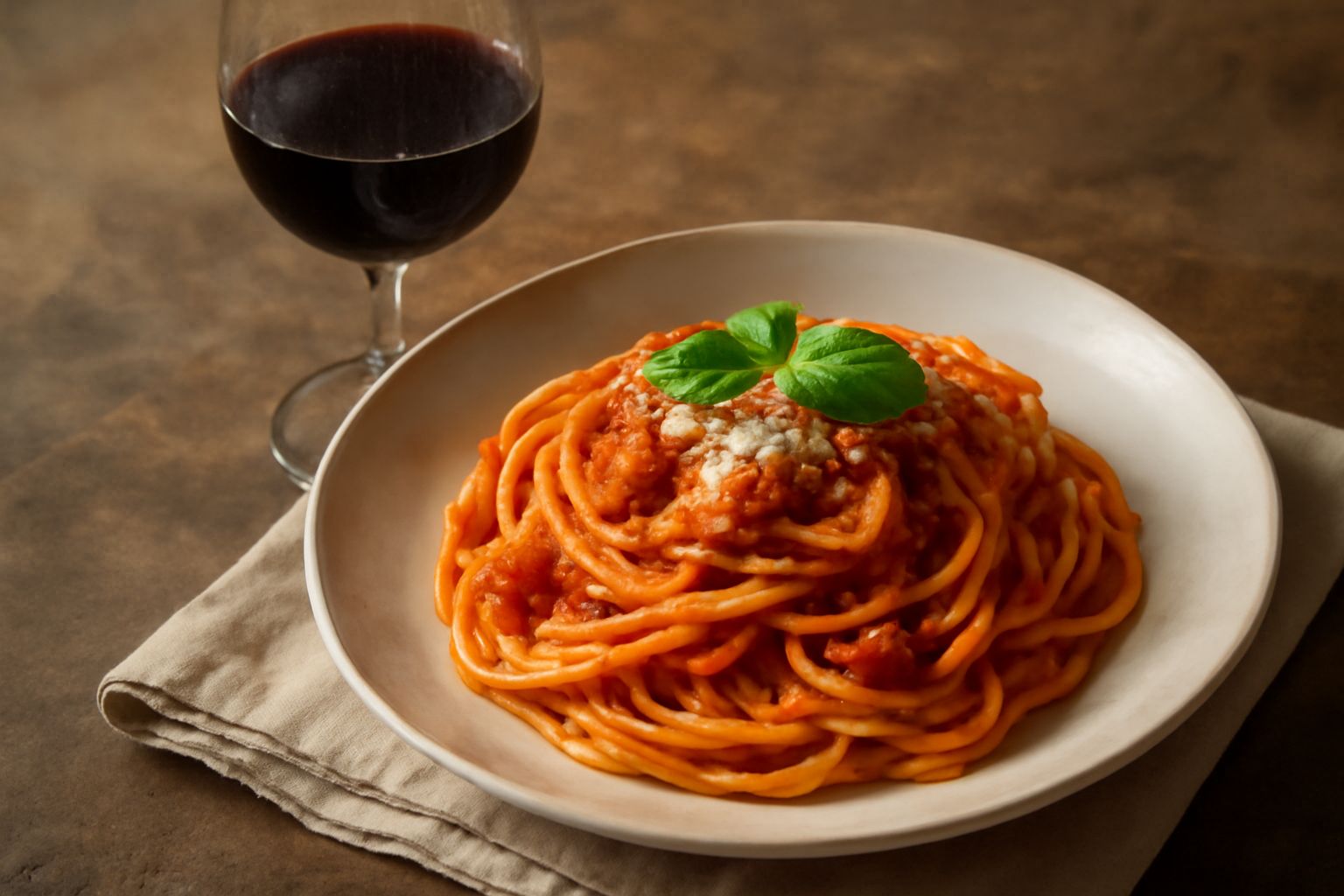 Bicchiere di vino rosso rubino profondo, con riflessi granati verso la luce, accanto a grappoli d'uva nera matura e una bottiglia di vetro scuro con tappo naturale