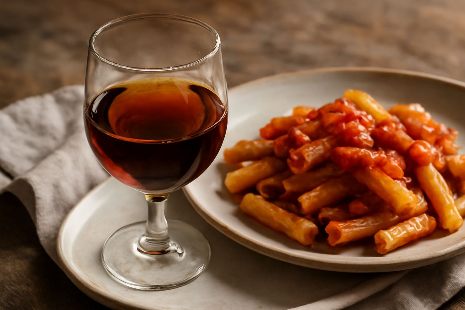 Bicchiere di vino dolce calabrese dal colore ambrato e denso, versato in calice di vetro trasparente, con riflessi dorati alla luce, su tavolo di legno scuro con grappoli d'uva appassita accanto