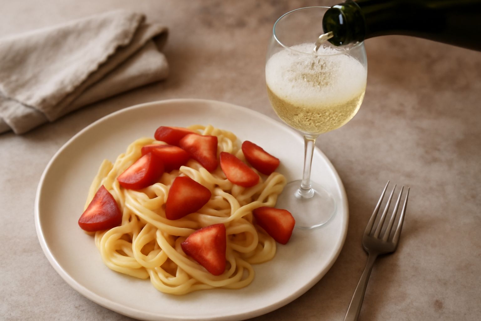 Bicchiere di Moscato d'Asti giallo paglierino con bollicine sottili, servito in coppa su tavolo di legno, con grappolo d'uva moscato e mandorle tostate accanto