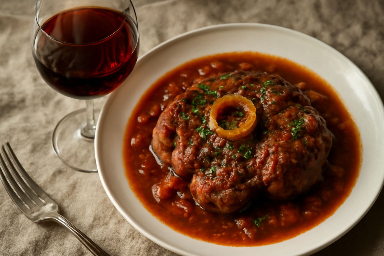 Bicchiere di cristallo con vino dolce color ambra scuro su fondo bianco, una bottiglia etichettata sullo sfondo sfocato, gocce di condensa sul calice