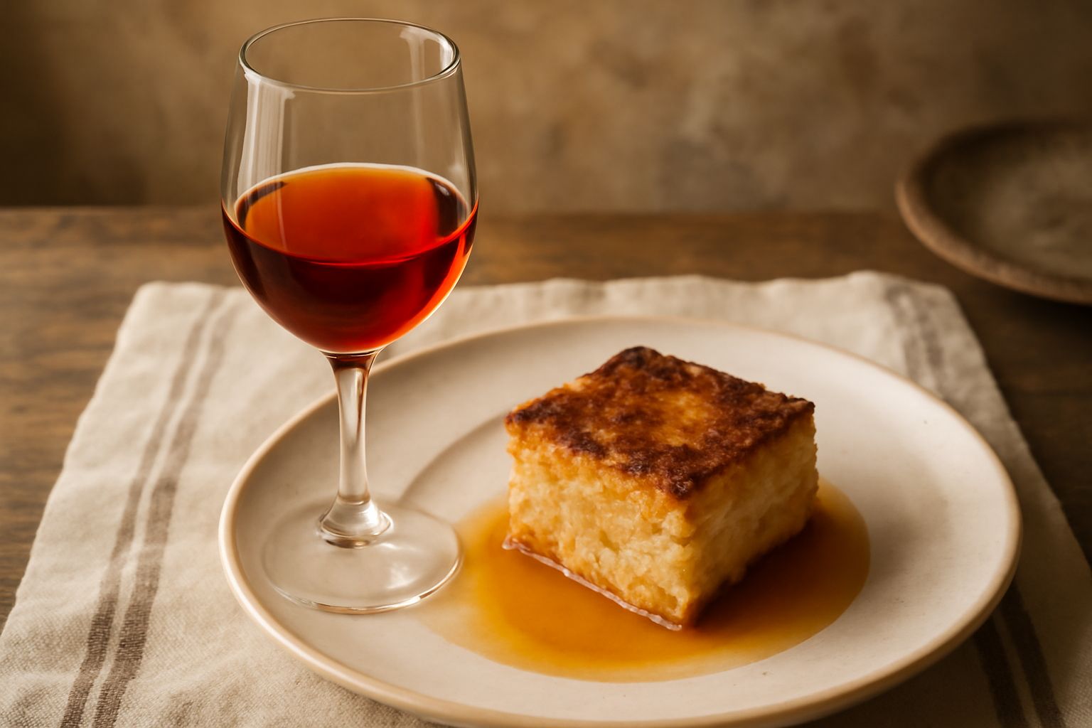 Bicchiere di vino passito color ambra dorato con riflessi ramati, versato in un calice da dessert, su fondo scuro con grappolo d'uva appassita accanto e biscotti secchi