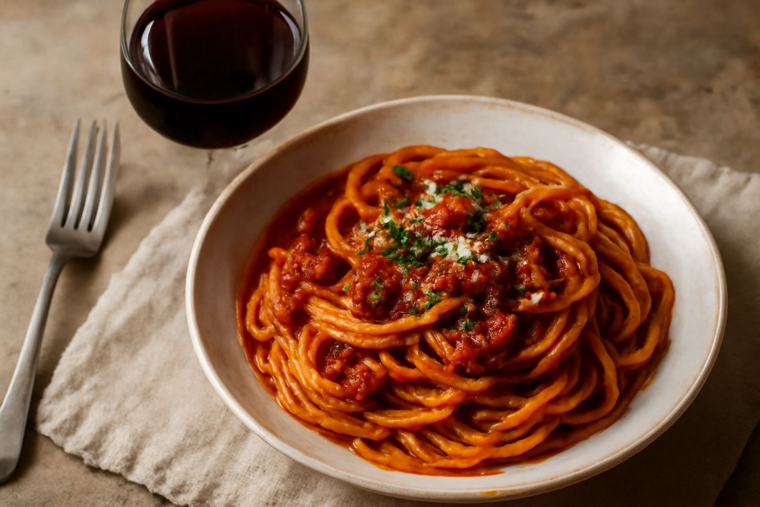 Calice di vino rosso Dop Caserta su fondo di legno rustico, con una bottiglia sullo sfondo e piatti della cucina campana sfocati