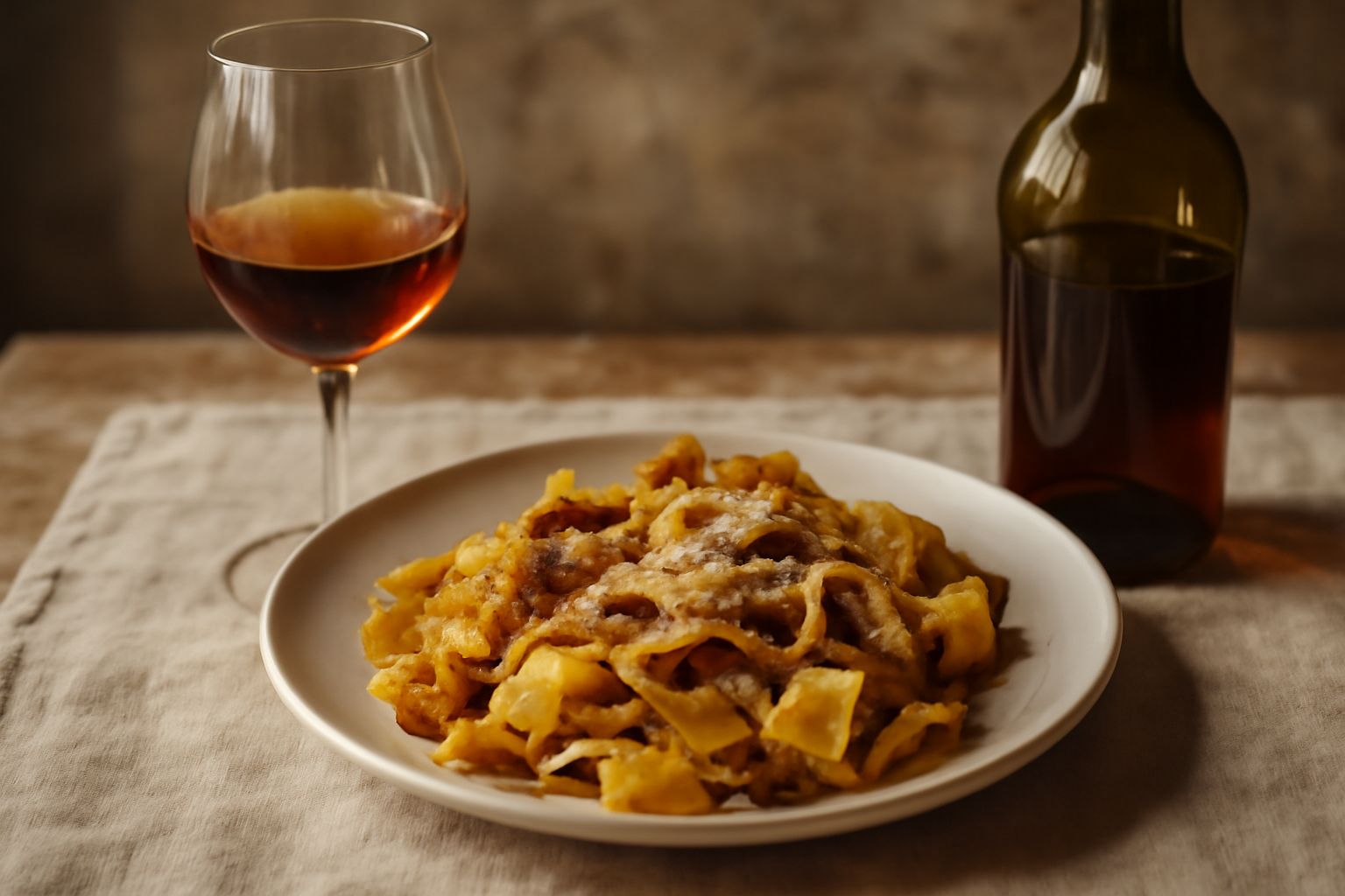 Bicchiere di vino dorato e trasparente, tipo nettare, con riflessi ambrati alla luce, accanto a grappoli d'uva appassita color marrone scuro e rugosa su un piano di legno naturale