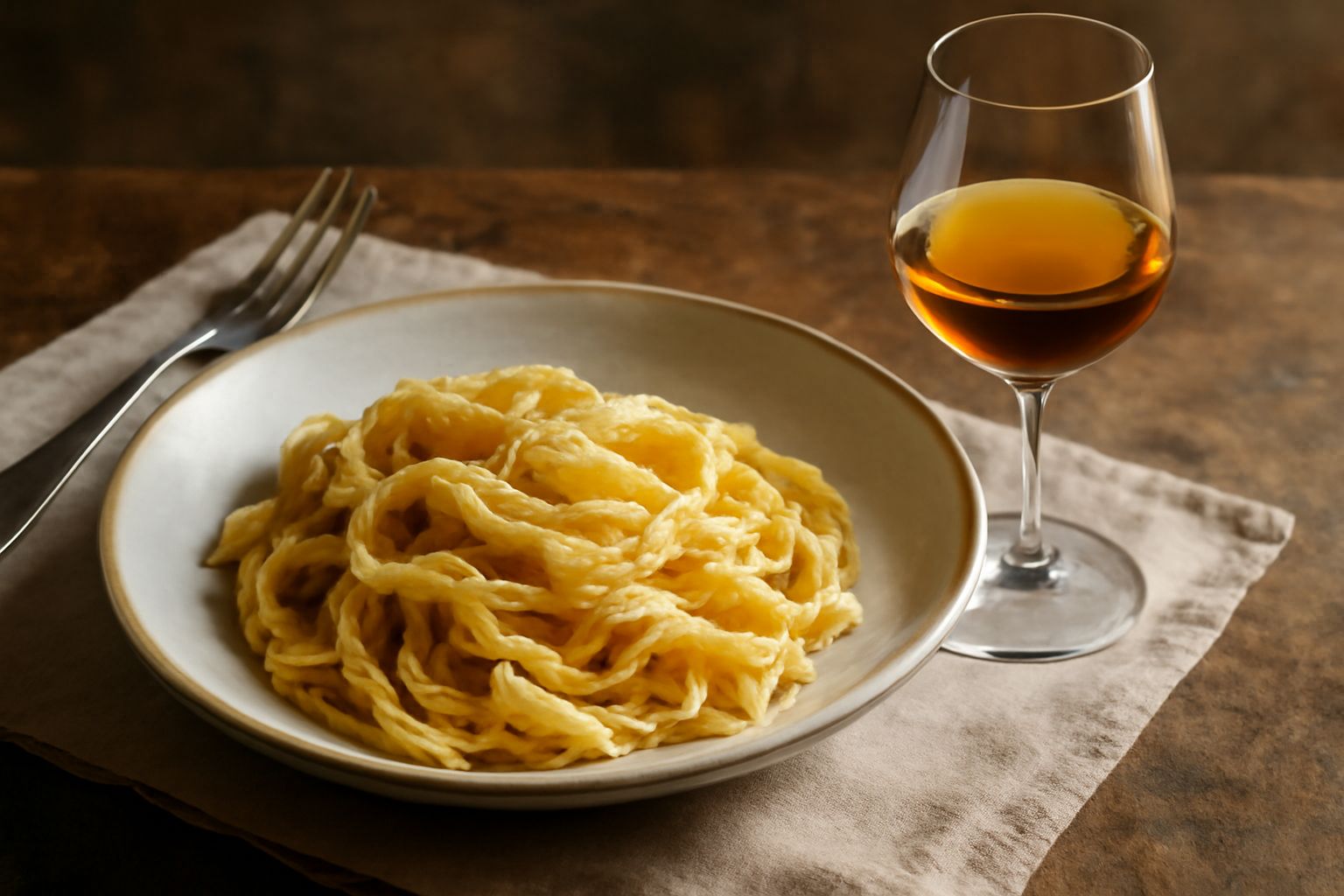 Calice di vino bianco ambrato con riflessi dorati, servito a temperatura ambiente su fondo neutro, accanto a una bottiglia di Vernaccia Fortificata e alcuni biscotti toscani
