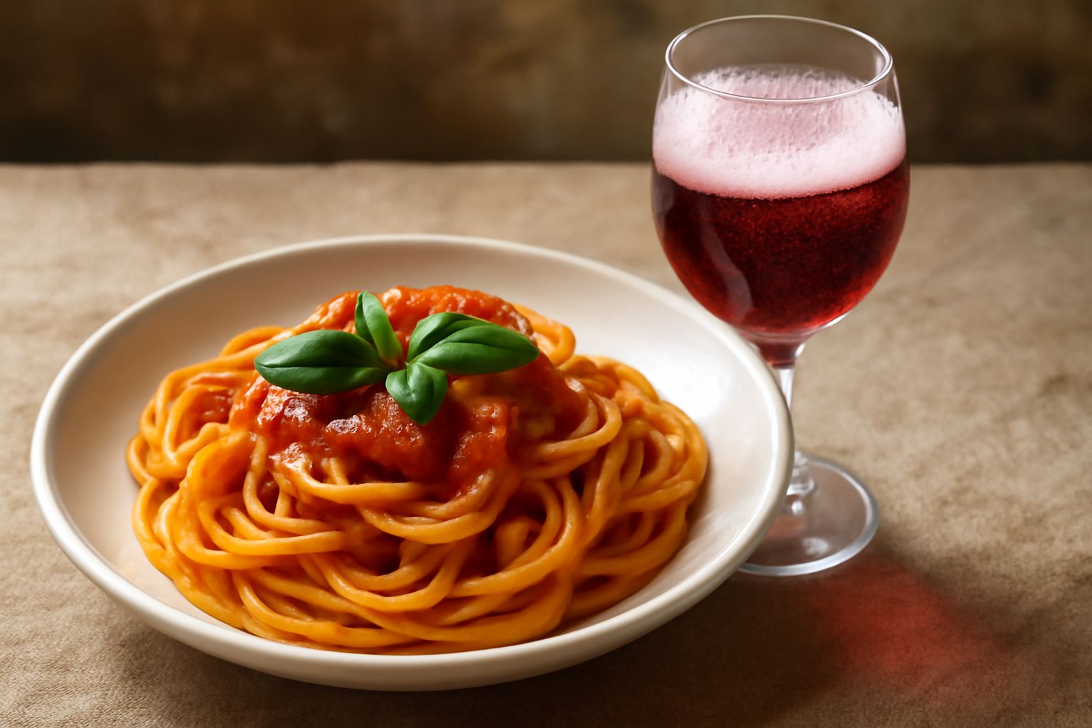 Bicchiere di vino Fragolino rosso brillante ben freddo con alcune fragole fresche sul piatto bianco accanto, sfondo naturale sfocato