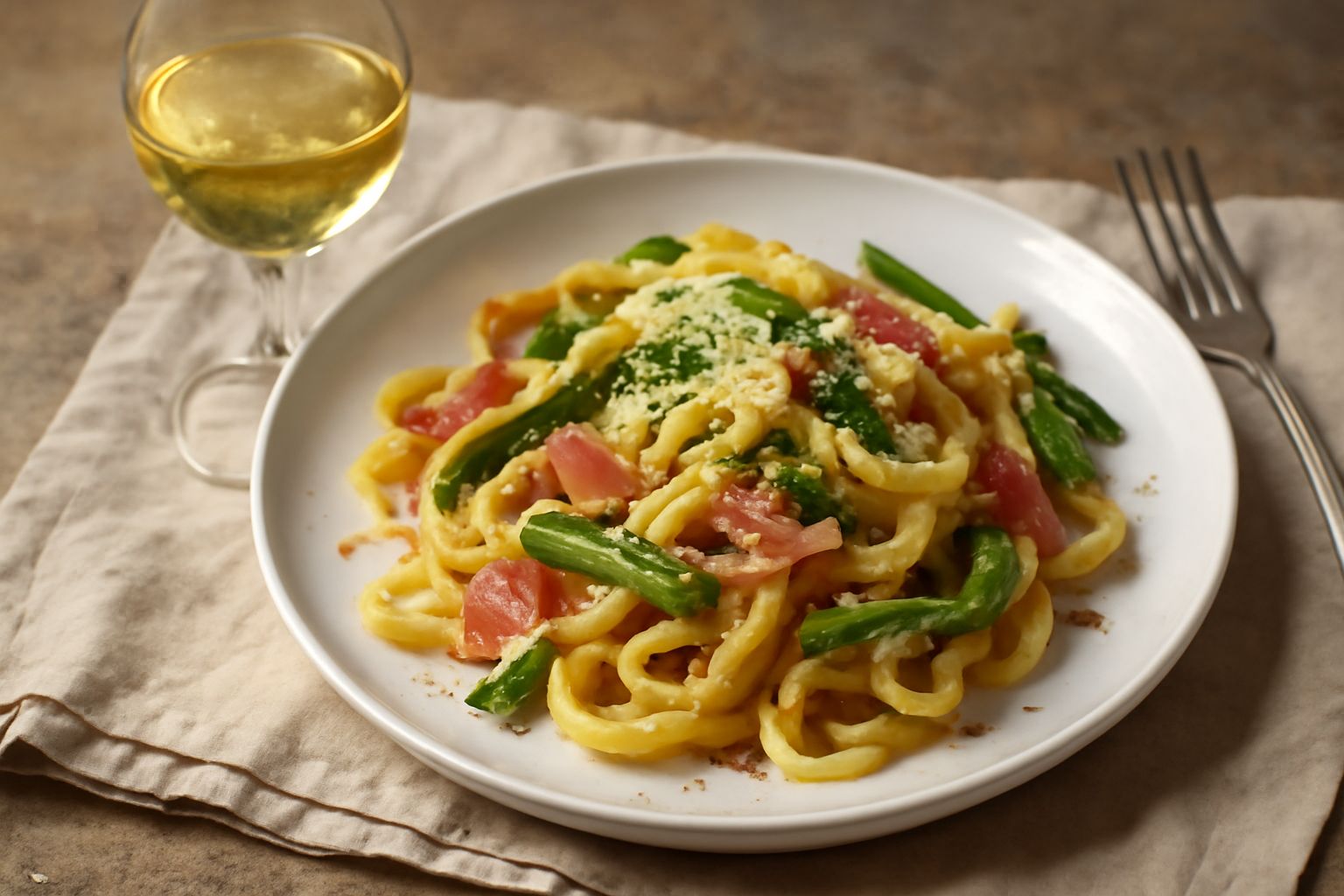 Calice di vino Friulano trasparente color giallo paglierino, servito su tavola di legno con piatto di formaggio fresco e grissini accanto, bicchiere mezzo pieno, sfondo sfocato di vigna friulana
