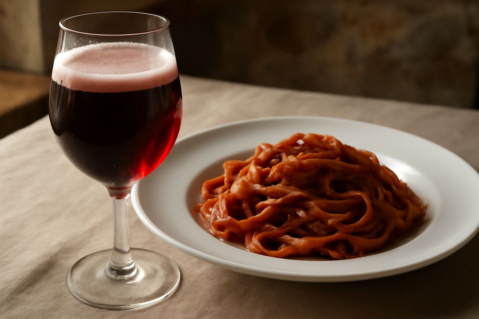 Bicchiere di vino rosso Friularo con riflessi granato, servito a temperatura ambiente con sfondo di tavolo in legno e pane toscano