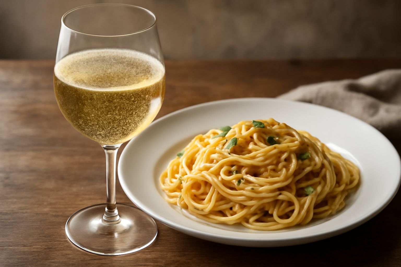 Bicchiere trasparente con vino frizzante bianco giallognolo, bollicine sottili che risalgono, servito su tavolo in legno con grappolo d'uva bianca e stoviglie di lino