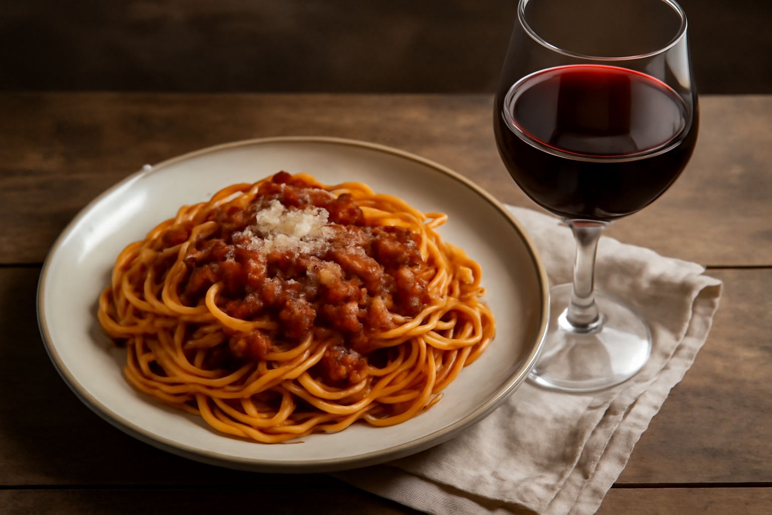 Bicchiere di vino rosso Gaglioppo con colore rubino intenso, accanto a una bottiglia di vetro verde scuro su un tavolo in legno con pane e formaggio calabrese