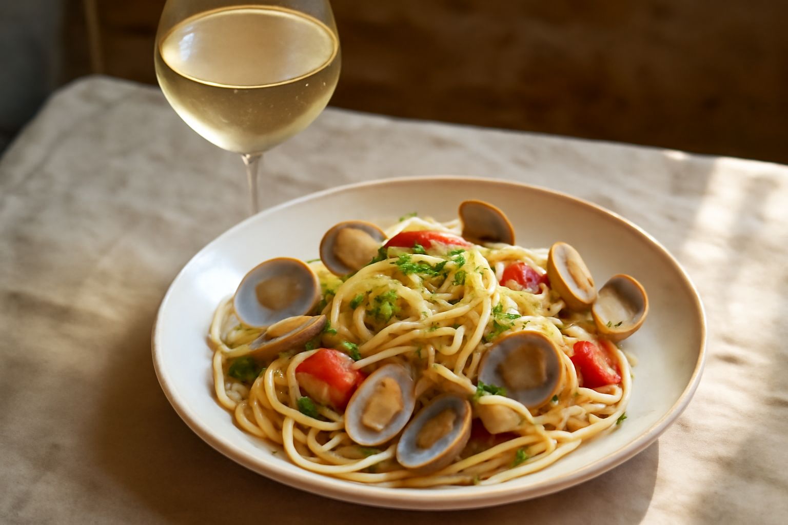 Bicchiere di vino bianco trasparente giallo paglierino con riflessi dorati, servito su tavolo di legno accanto a limone fresco, pane tostato e piatto di pesce bianco.