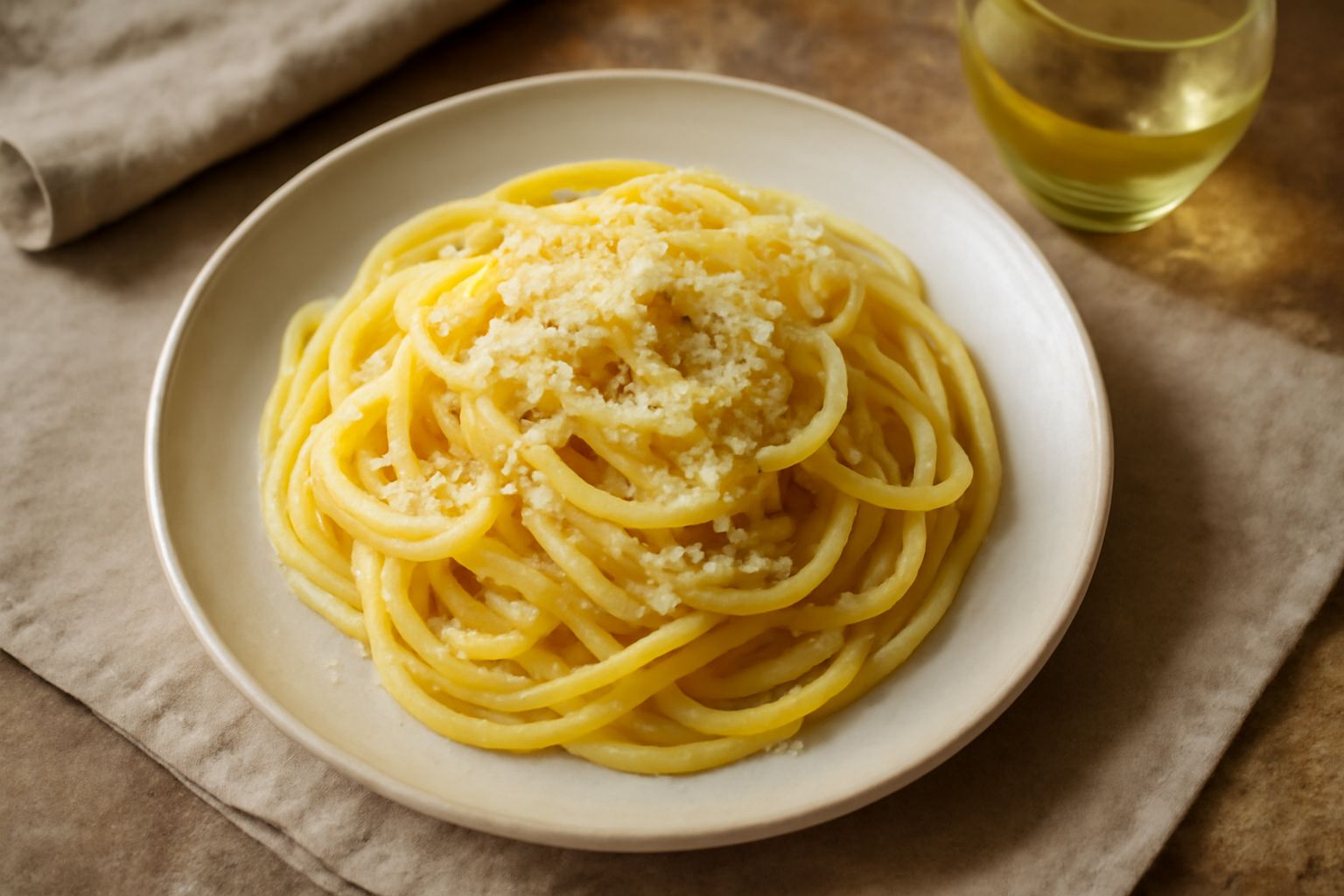 Bicchiere di vino bianco greco di Gerace leggermente dorato su tavolo di legno scuro, accanto a bottiglia con etichetta tradizionale, limone fresco e piatto di pasta con alici appena bollite