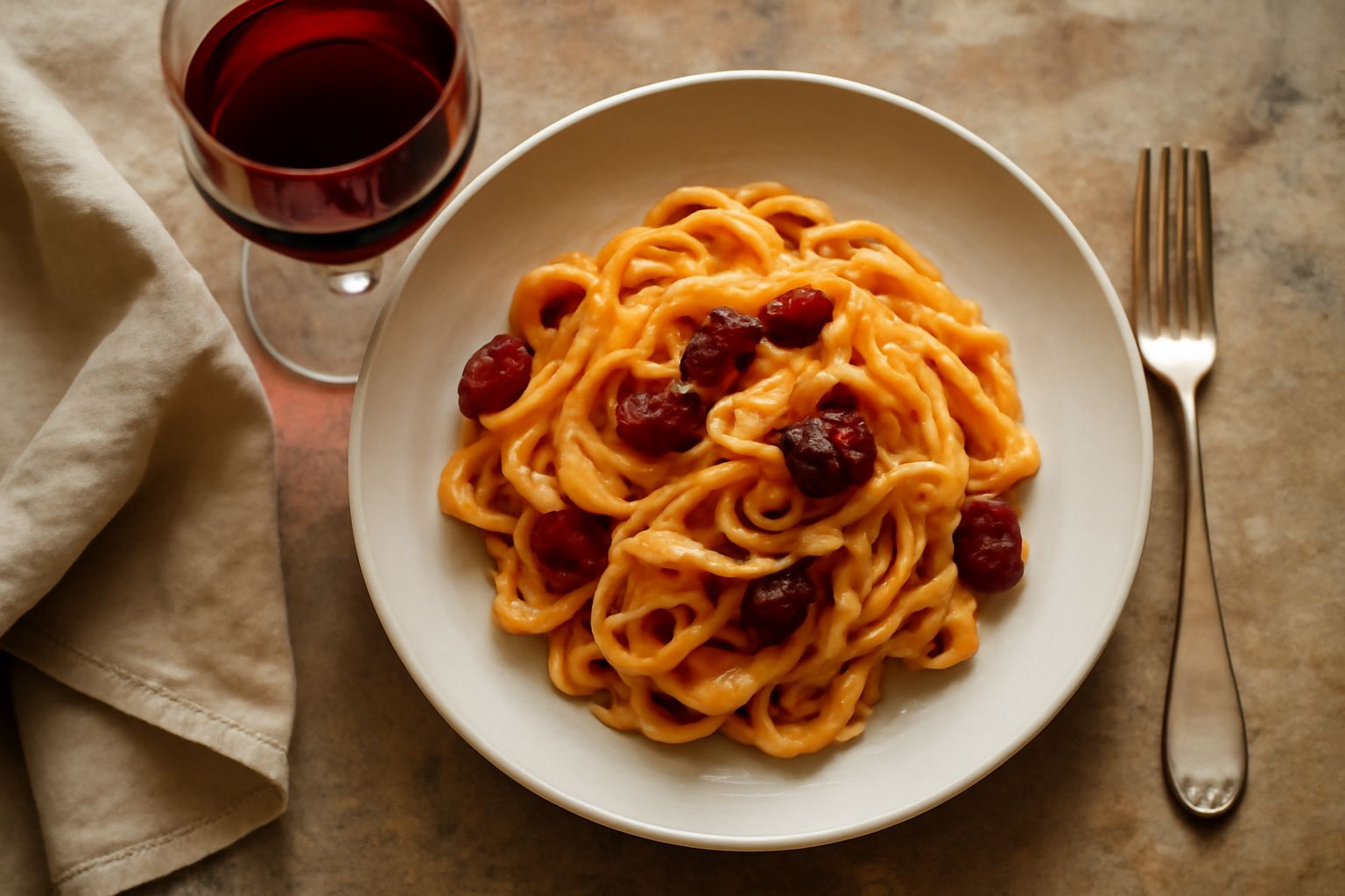 Bicchiere di vino rosso trasparente dal colore granato brillante, con una bottiglia di Lacrima di Morro d'Alba sullo sfondo e una ciotola di ciliegie accanto su un tavolo di legno