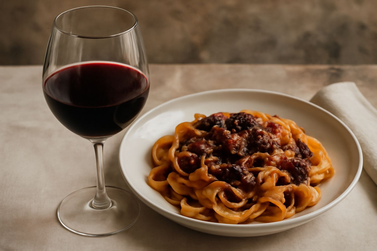 Calice di Lagrein rosso scuro con riflessi granati, ripreso contreluce su tavolo di legno scuro con pane toscano e affettati di speck alto-atesino sullo sfondo sfocato